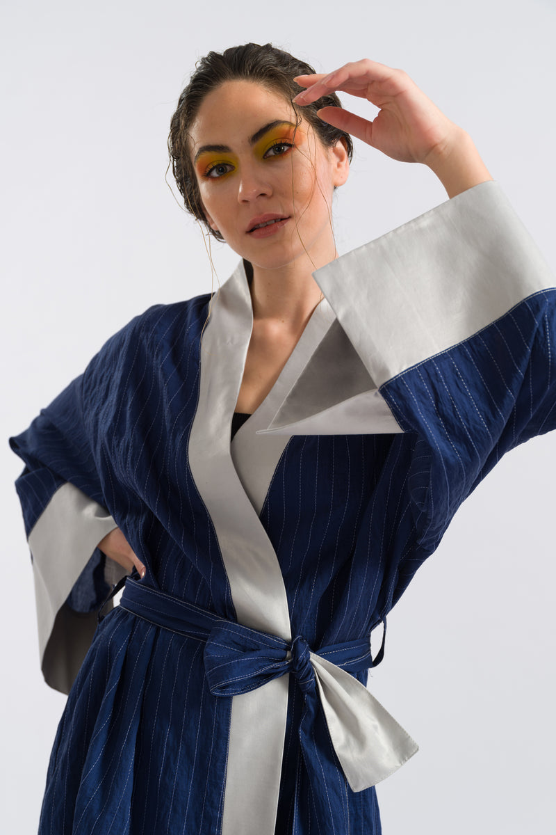 Çizgili Mavi Keten Kısa Kimono