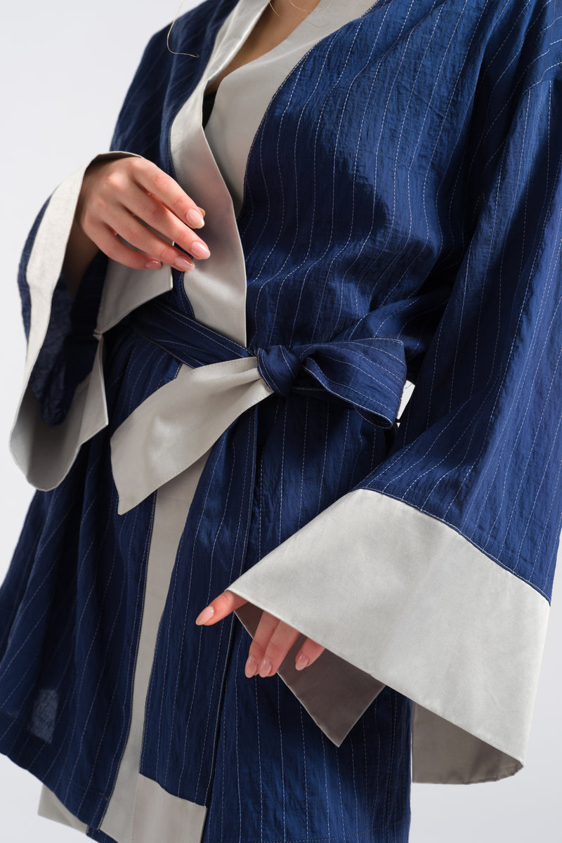 Çizgili Mavi Keten Kısa Kimono