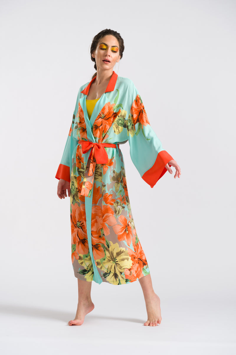 Turkuaz Çiçekli Uzun Kimono