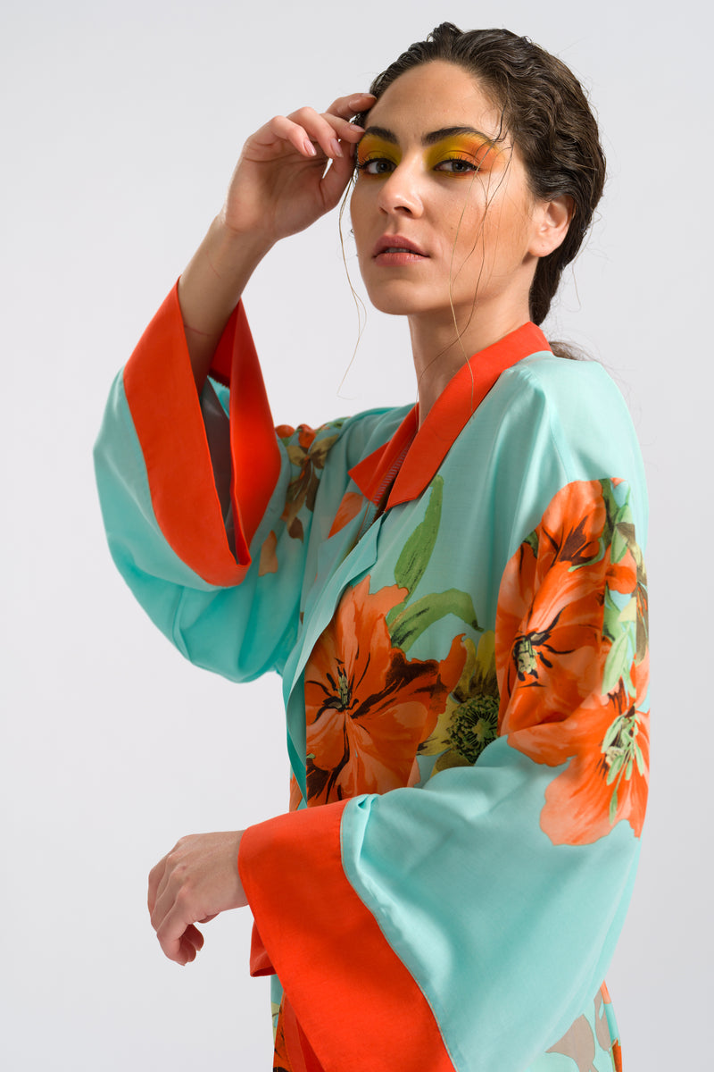 Turkuaz Çiçekli Uzun Kimono