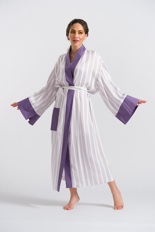 Mor Çizgili Uzun Kimono