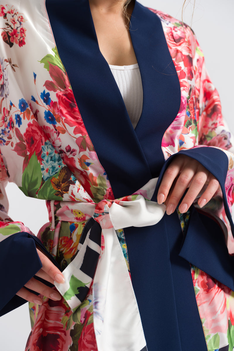 Çiçekli Saten Kısa Kimono
