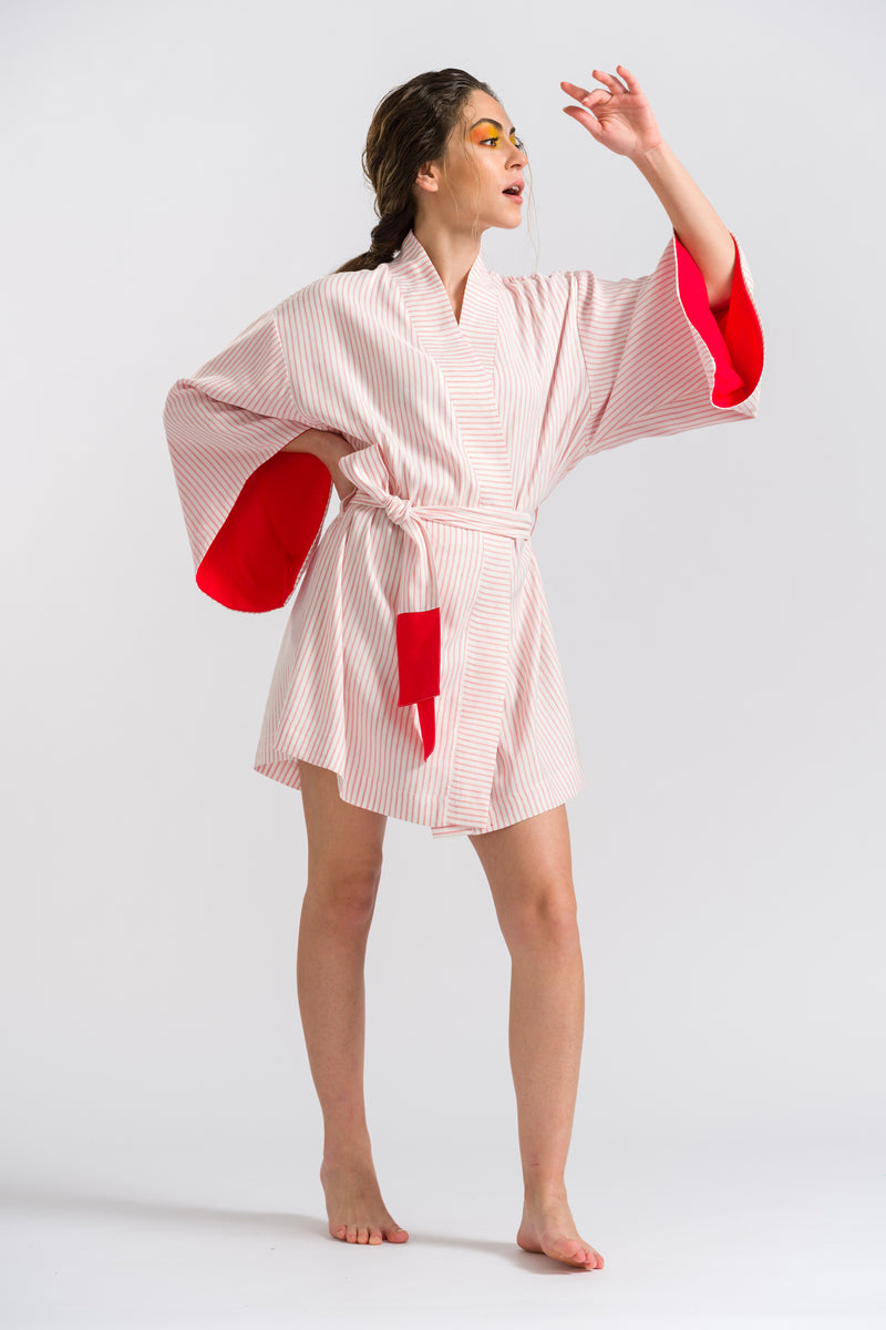 Kırmızı Çizgili Keten Kısa Kimono