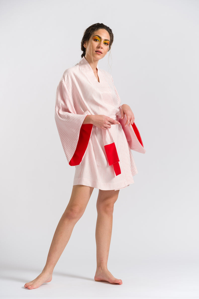Kırmızı Çizgili Keten Kısa Kimono