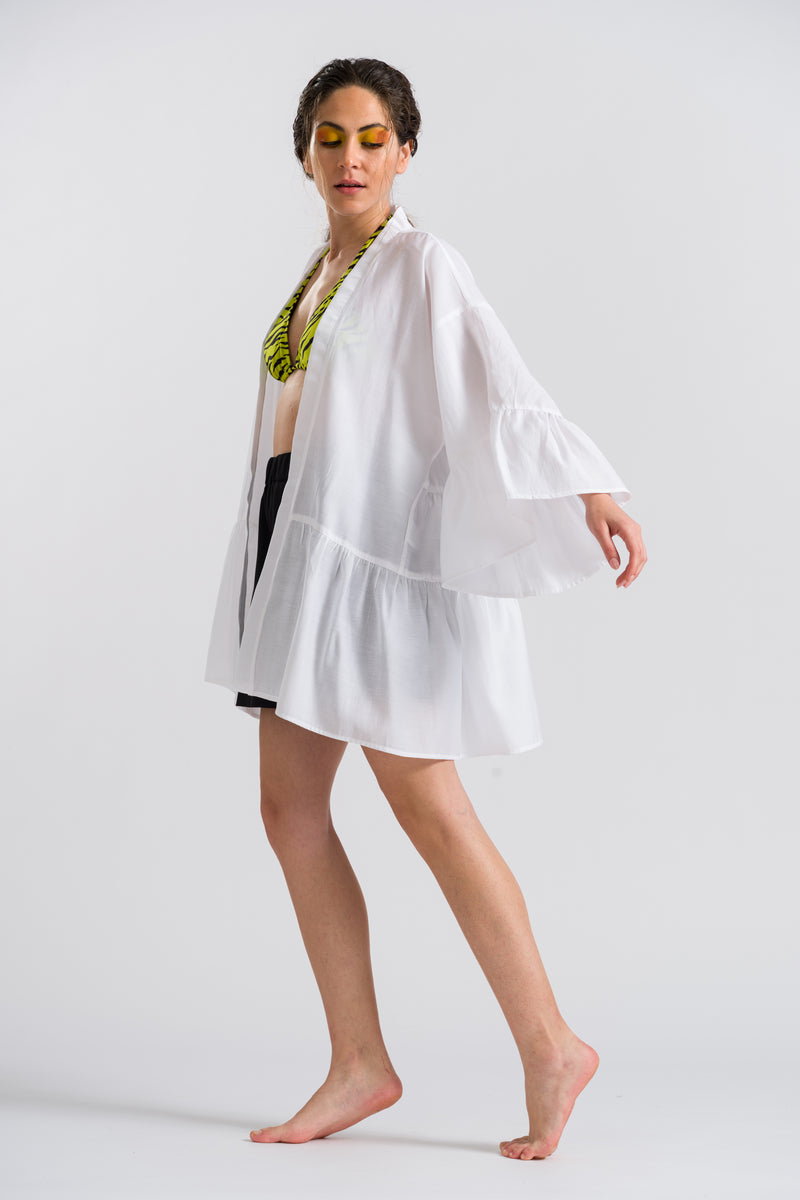 Beyaz Fırfırlı Kısa Kimono