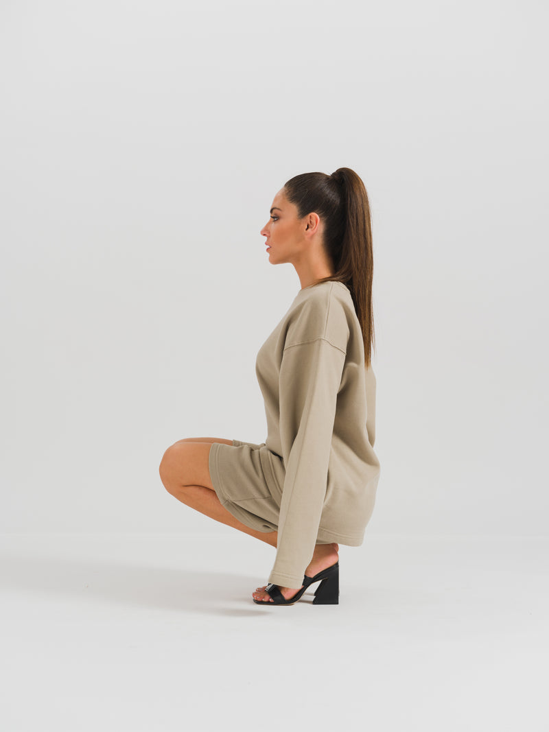 Taş Rengi Sıfır Yaka Organik Sweatshirt-HOELO