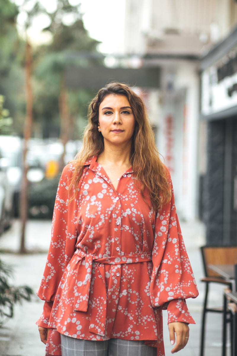 Kiremit Çiçekli Violette Gömlek - HOELO